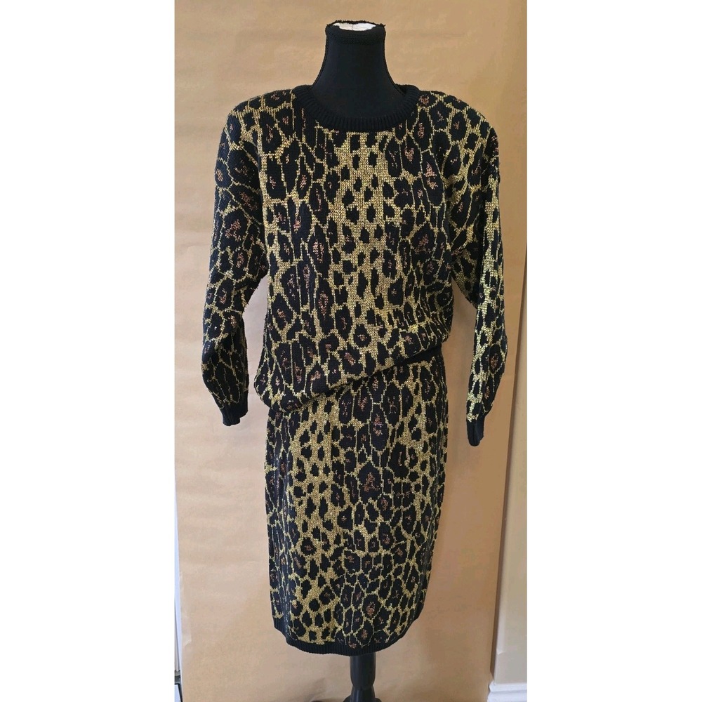1980's Metallic Leopard Print 2pc Knit Skirt Suit Set M/L